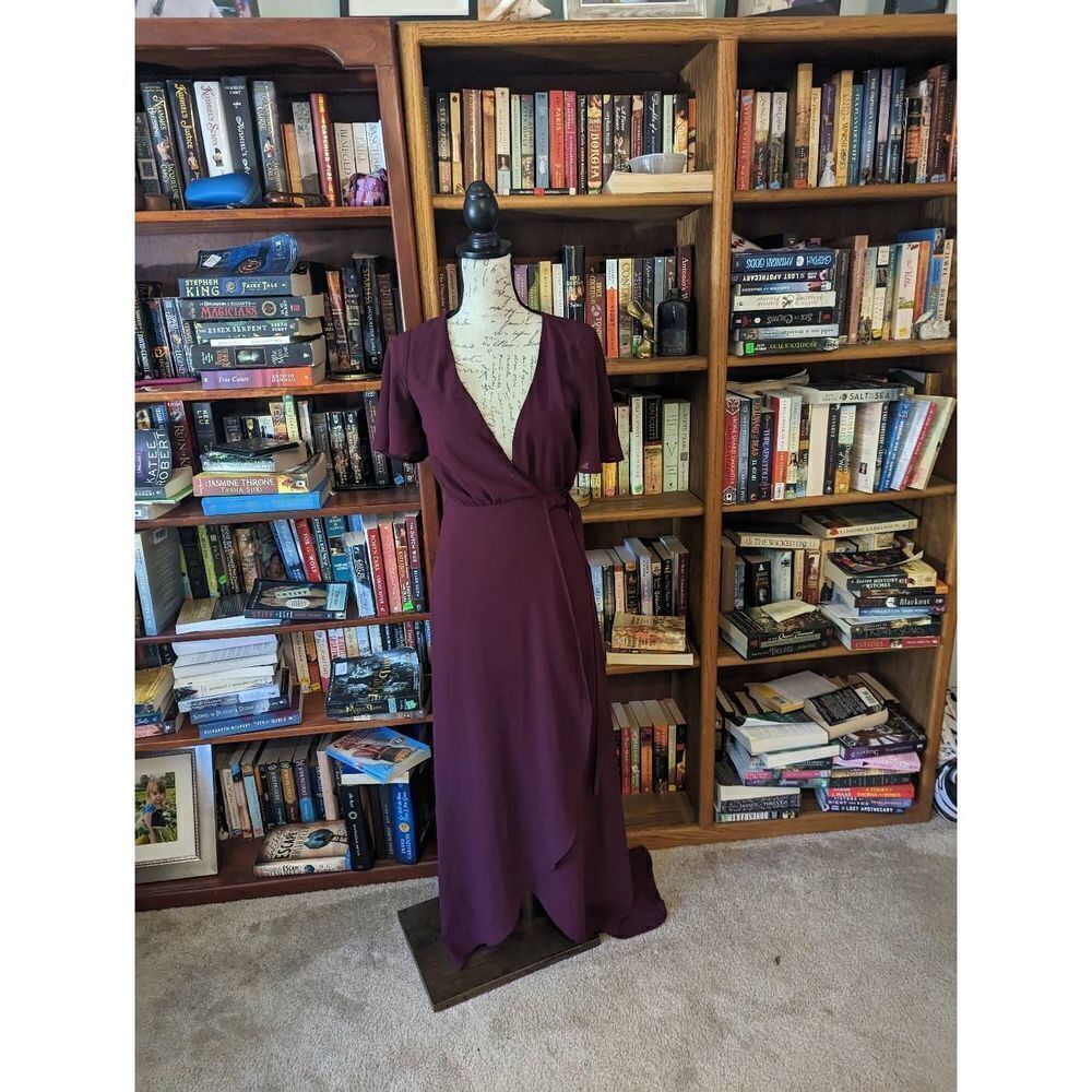 show me your mumu Sophia wrap chiffon dress in merlot sz xs